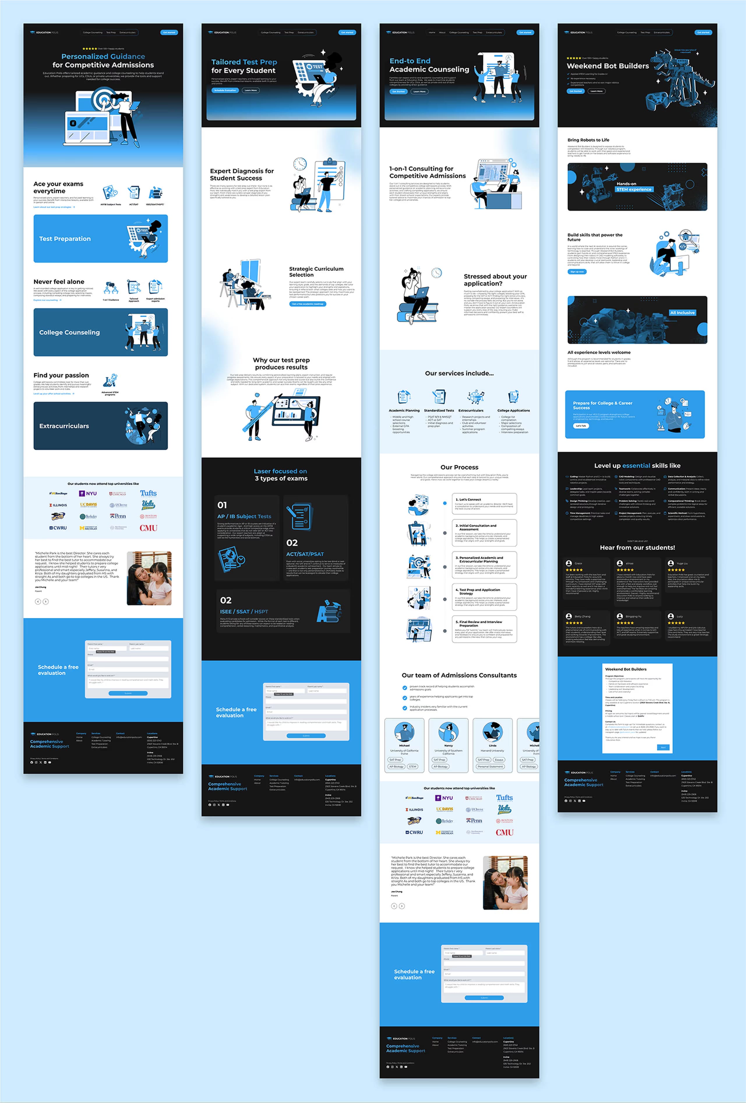 Overview of all Education Polis Final Screens. Features dark mode with blue accent website for college admissions prep