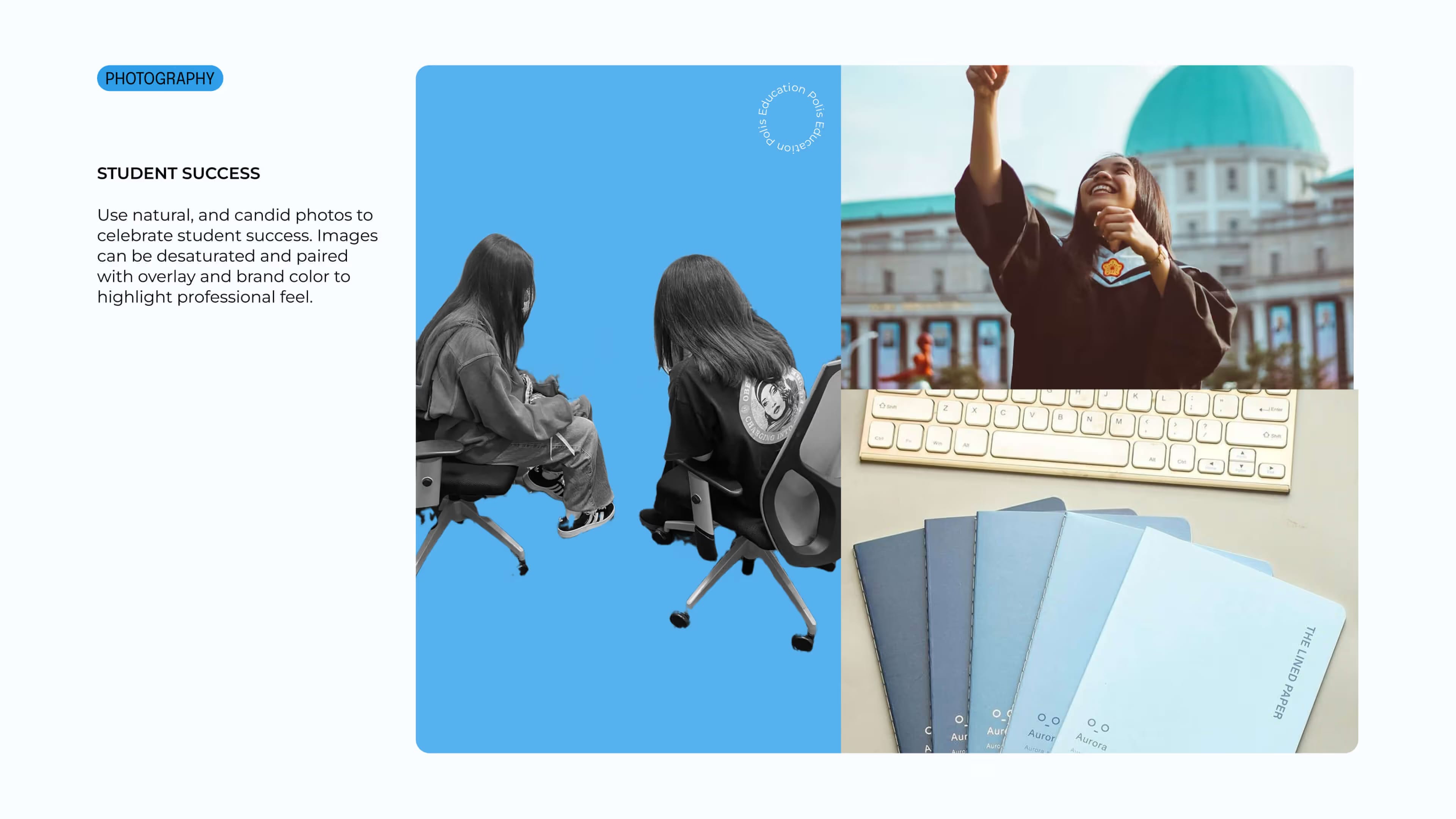 mood board for new education polis site. Features photography of students and blue ntoebooks